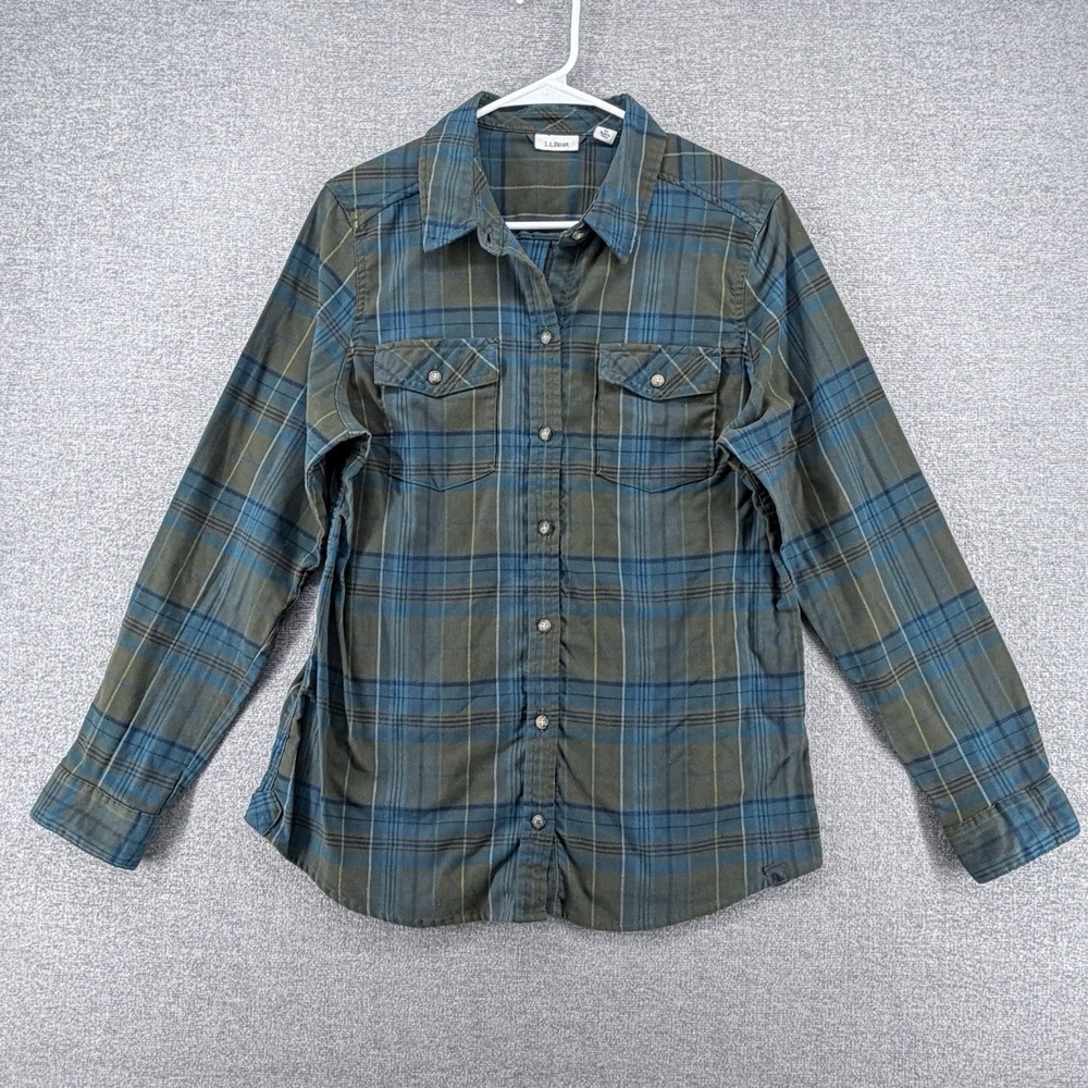 LL Bean Long Sleeve Shirt Women Size Large Green Teal Plaid Outdoor Button Up